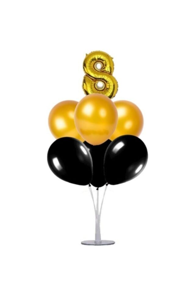 8 Yaş Rakam Folyo Balon Altın Gold 40 Cm, Balon Stand, 6 Adet Balon, Doğum Günü, Yaşgünü, Parti