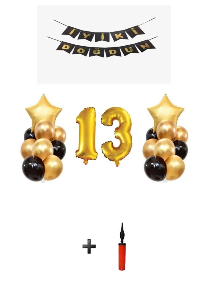 13 Yaş Altın Gold Folyo Balon Parti Seti Ve Balon Pompası Skradaparti148