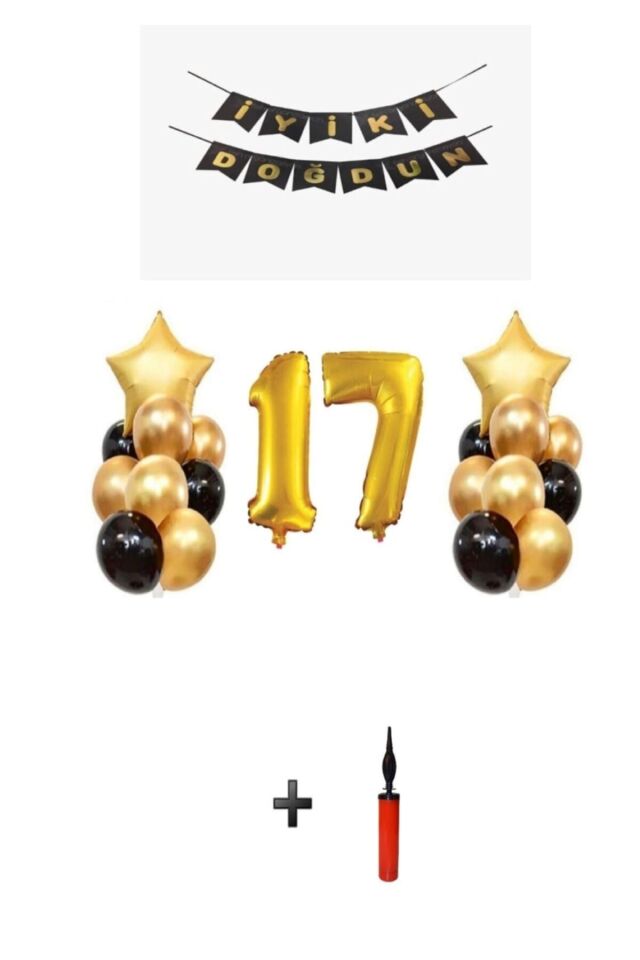 17 Yaş - Altın Gold Folyo Balon Parti Seti + Balon Pompası !!-- Skradaparti156