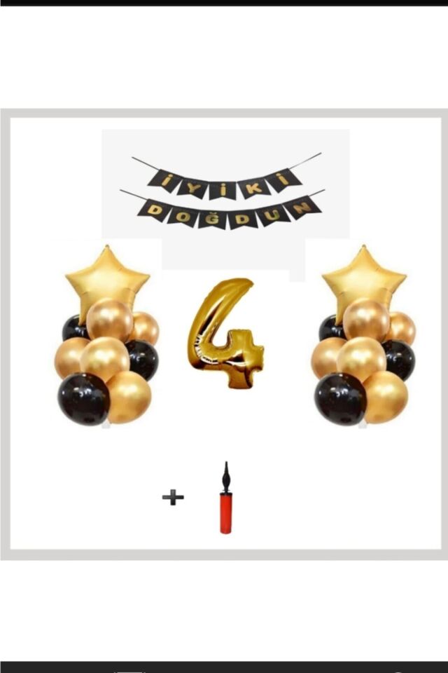 4 Yaş  Altın Gold Folyo Balon Parti Seti + Balon Pompası Hediye Skradaparti179