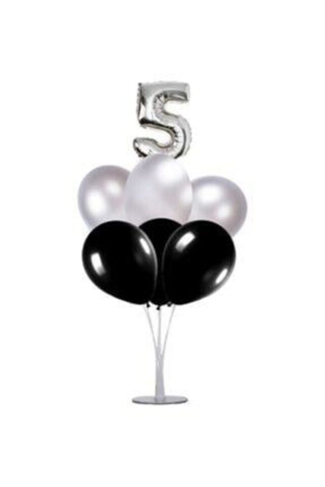 5 Yaş Rakam Folyo Balon Gümüş Silver 40 Cm, Balon Stand, 6 Adet Balon, Doğum Günü, Yaşgünü, Parti
