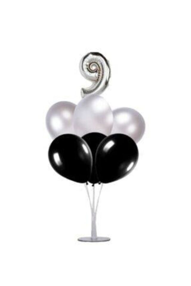 9 Yaş Rakam Folyo Balon Gümüş Silver 40 Cm, Balon Stand, 6 Adet Balon, Doğum Günü, Yaşgünü, Parti