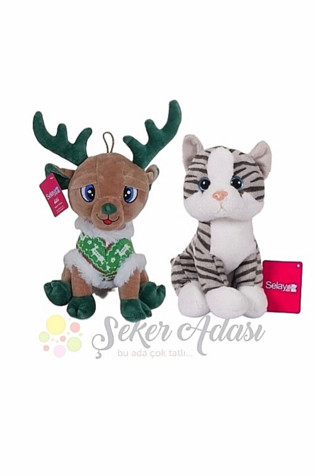 Sevimli Peluş Geyik 28 Cm ve Peluş Kedi 28 Cm İkili Oyuncak Set Hediyelik